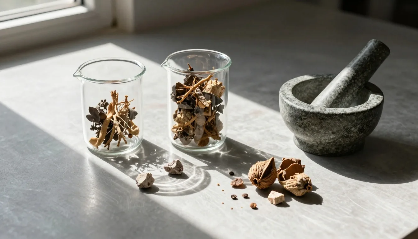 Morning light on botanical specimens and mineral fragments arranged on a steel preparation surface