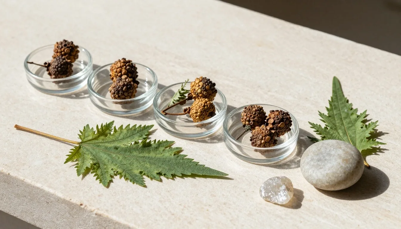 Morning light on a steel preparation surface with organized botanical specimens and mineral fragments
