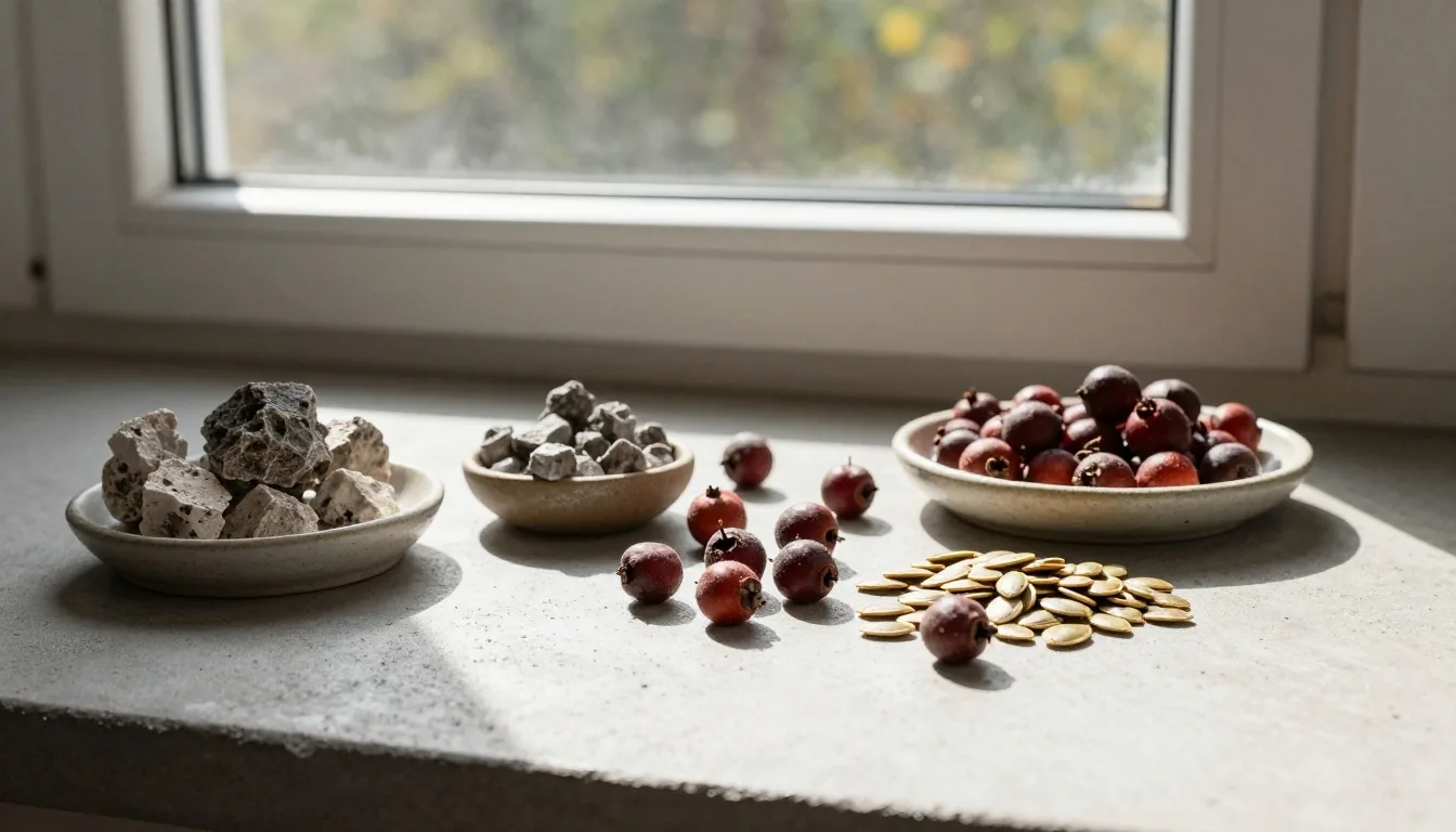 Botanical and mineral specimens arranged on a preparation surface in morning light